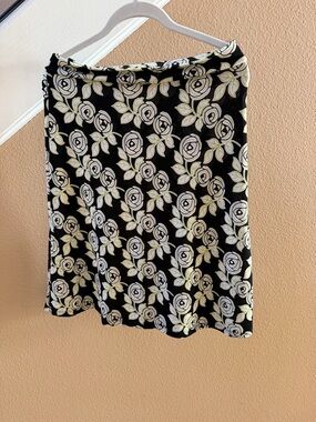 Black A-Line Skirt with Cream Rose Pattern
